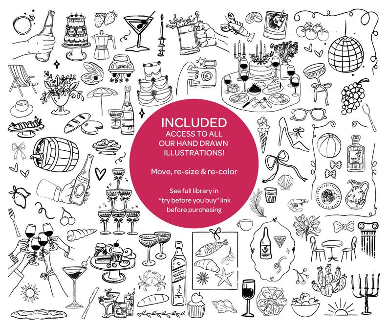 a variety of hand-drawn illustrations, including food items, drinkware, and other objects, all depicted in black and white. The image is described as a collage of multiple images, and it includes a central red circle with the text "INCLUDED ACCESS TO ALL OUR HANDDRAWN ILLUSTRATIONS!"