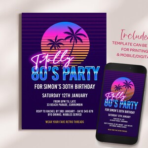 80s Party Invitation: Miami Vibe Neon Birthday Invite Template, Instant Download #80MV bild 5
