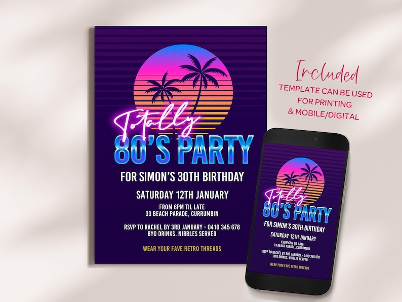 80s Party Invitation: Miami Vibe Neon Birthday Invite Template, Instant Download #80MV bild 5