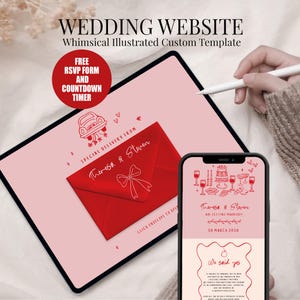 May include: A digital wedding website template with a whimsical illustrated design. The image shows a tablet and a smartphone displaying wedding details. A red envelope with a bow is on the tablet, and the text reads "Theresa & Steven".