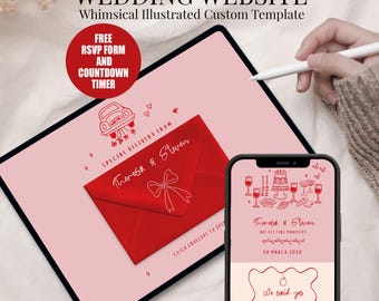 Whimsical Wedding Website: Handdrawn Red Pink, RSVP + Countdown Canva Template #WH3
