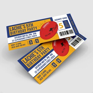 May include: Two birthday party tickets with a yellow, blue, and white design. The tickets have the text "Lachie's 5th Birthday Party" and include the date, time, and location. Each ticket features a red oval with a kangaroo and the words "Go The Eagles".