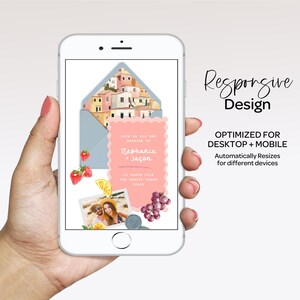 A hand holding a smartphone displaying a wedding invitation design.