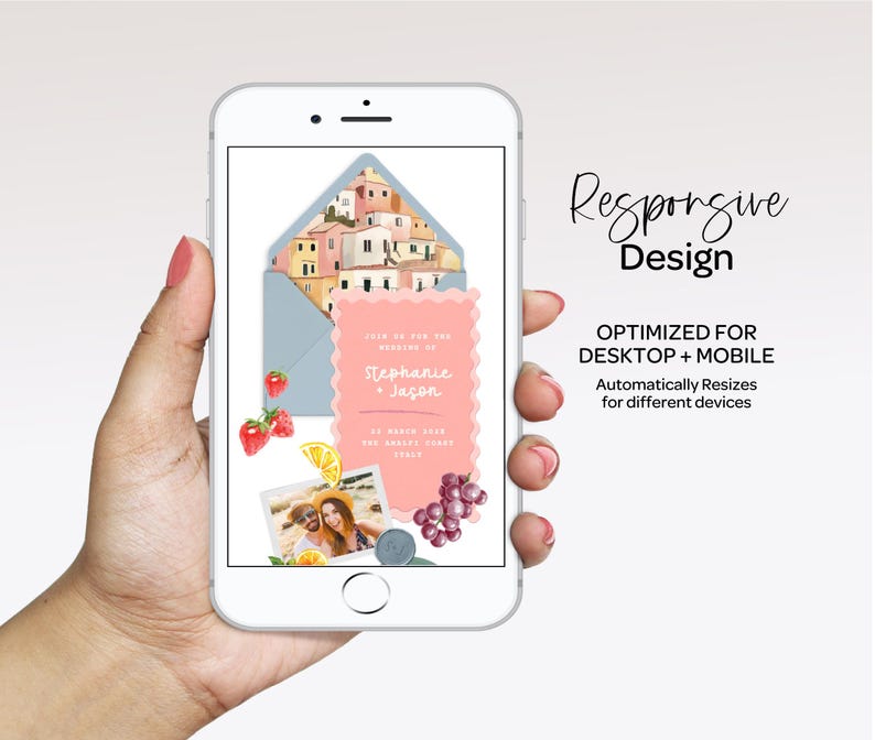 A hand holding a smartphone displaying a wedding invitation design.