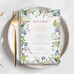 Plantilla de menú de boda editable / Menú de boda personalizado / Descarga instantánea / Imprimible / Menú de compromiso de fácil edición / FLORES SILVESTRES DE PRIMAVERA