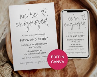 Black and White Engaged Invite: Engagement Party Printable Invitation, Canva Template #SW3