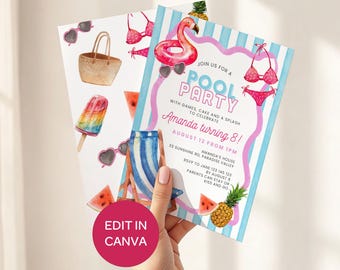 Girls Pool Party Invitation: Bright Watercolor Birthday Invite, Editable Template CANVA #PP1