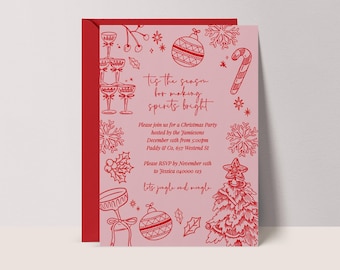 Hand-Drawn Christmas Party Invitation | Modern Pink & Red Whimsical Invite (Printable) #WH3