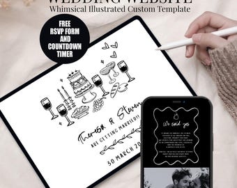 Whimsical Wedding Digital Invitation Template: Illustrated Black + White, RSVP Website #WH3