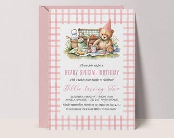 Teddy Bear Picnic Invitation: Pink Watercolor Party, Printable Template (Instant Download) #TB6