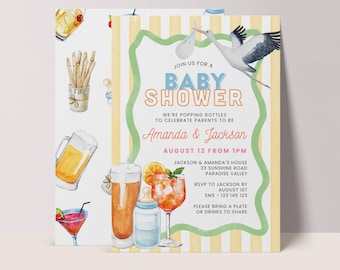 Baby Shower Invitation: Hand Drawn Cocktails and Bottles - Couples Editable Template #BC1