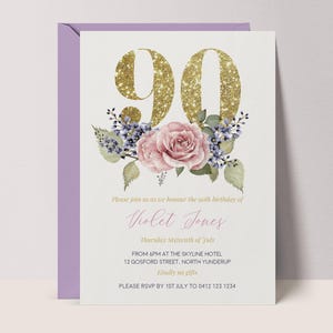 90th Birthday Invitation Template | Gold Glitter Floral 90 Birthday Invitation | Ninety Electronic Invite, Instant Download Printable #GB3