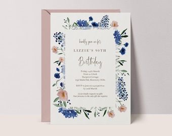 Blue Floral Birthday Invitation Template | Milestone Birthday (Digital Download) #BF3
