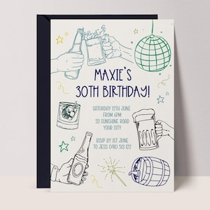Mens Birthday Invitation, Cheers & Beers Invite for Him, Editable Male Hand Drawn Party Invitation, Beer Birthday 21st 30th 40th, 50th #WH3