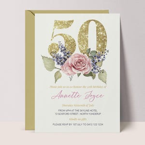 50th Invitation Editable Template, Gold Glitter & Floral Birthday Card for Women, Perfect Printable Invitation for 50th Celebration #GB3