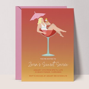 Cocktail Party Invitation Template: Editable Sunset Soirée Birthday Invite, Womens Summer Digital Download #BL3