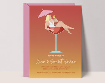 Cocktail Party Invitation Template: Editable Sunset Soirée Birthday Invite, Womens Summer Digital Download #BL3