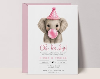 Baby Shower Invitation: Fun Pink Elephant - Editable Canva Template #BB1