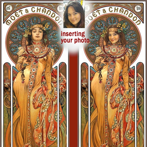 Moët & Chandon Custom portrait from photos Personalized Alphonse Mucha 1897 Sarah Bernhardt Poster Art Nouveau Style Vintage Digital gift