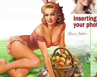 Easter Bunny girl Custom portrait from photos Sexy Woman art  Glamorous Realistic Style Hand drawn Digital Woman gift