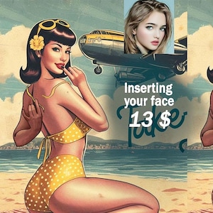 Retro Airplane Pin Up Art Custom Portrait from photo Personalized Vintage Aviation Poster Digital Mothers Day gift