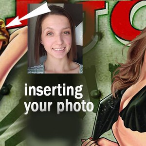 May include: A vintage-style illustration of a woman in a black swimsuit, holding a large gun. The woman has long brown hair and is smiling. The background is a green and brown camouflage pattern. The text "inserting your photo" is written below the image.