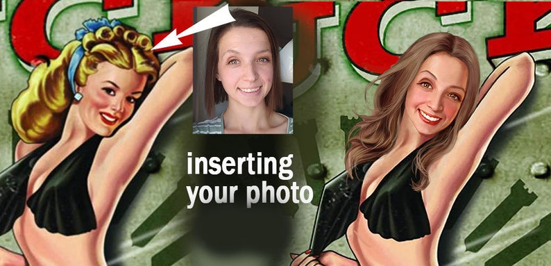 May include: A vintage-style illustration of a woman in a black swimsuit, holding a large gun. The woman has long brown hair and is smiling. The background is a green and brown camouflage pattern. The text "inserting your photo" is written below the image.