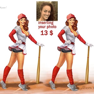 Baseball Player Girl Personalized portrait Sexy PinUp Art Poster Custom portrait from photo Realistic Style Hand drawn Digital Baseball gift
