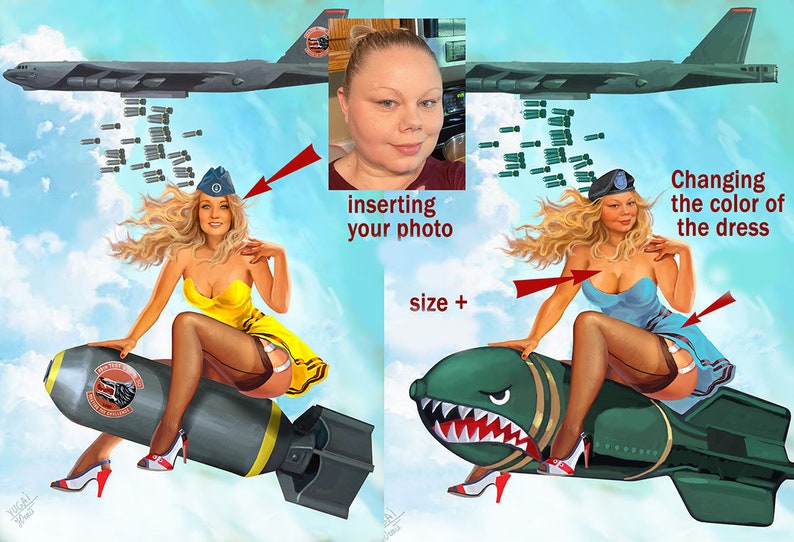May include: A vintage-style illustration of a woman in a yellow dress sitting on a bomb with a plane dropping bombs in the background. The image is a digital art piece with a retro feel.