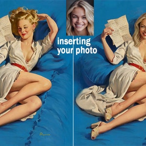 Op de afbeelding: Een vrouw in een witte jurk met een rode riem ligt op een blauw bed en houdt een brief in haar hand. Ze glimlacht en kijkt naar de brief. De afbeelding is een vintage stijl illustratie.