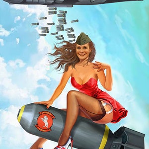 May include: A pin-up style illustration of a woman in a red dress and a green hat, sitting on a large bomb with a white horse logo. The bomb is falling from a B-52 bomber in the background, which is dropping several smaller bombs.