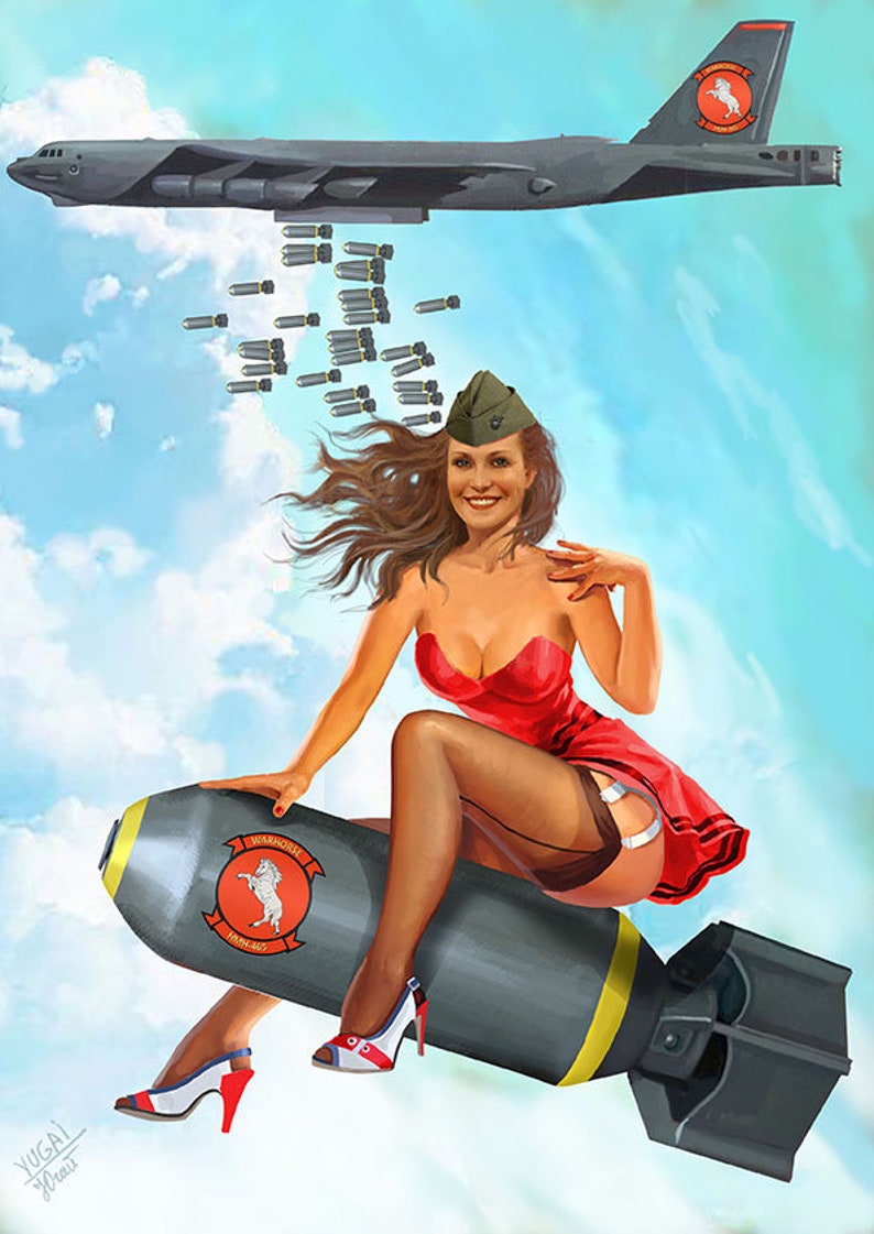 May include: A pin-up style illustration of a woman in a red dress and a green hat, sitting on a large bomb with a white horse logo. The bomb is falling from a B-52 bomber in the background, which is dropping several smaller bombs.