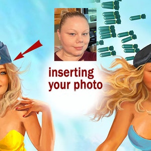 May include: A digital illustration of a woman with blonde hair wearing a blue military cap and a yellow dress. The image is set against a blue sky with green bombs falling from the sky. The text "inserting your photo" is written in red below the woman's head.