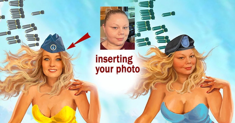 May include: A digital illustration of a woman with blonde hair wearing a blue military cap and a yellow dress. The image is set against a blue sky with green bombs falling from the sky. The text "inserting your photo" is written in red below the woman's head.