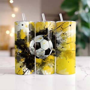 Geel-zwarte voetbalwrap voor 20oz skinny bekers | Sublimatieontwerp | Recht en taps toelopend | PNG | Commercieel gebruik inbegrepen