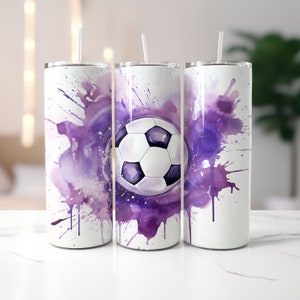 Lila und Weißer Fußball für 20 Unzen Skinny Becher | Sublimationsdesign | Gerade & Verjüngt | PNG | Kommerzielle Nutzung inklusive
