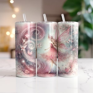 Envoltura de hadas de acuarela rosa pastel para vasos delgados de 20 oz / Diseño de sublimación / Recto / PNG / Uso comercial incluido