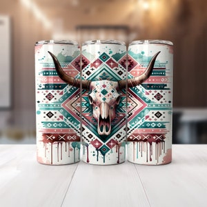 Southwestern Boho Bull Skull Wrap für 20 Unzen Skinny Becher | Sublimationsdesign | Gerade | PNG | Kommerzielle Nutzung inklusive