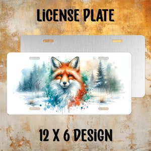 Conception de sublimation de plaque d’immatriculation Winter Fox | Conception 12" x 6" | PNG | Utilisation commerciale Inclus