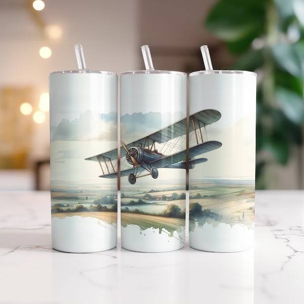 Vintage Biplane Wrap for 20oz Skinny Tumblers | Sublimation Design | Straight | PNG | Commercial use Included