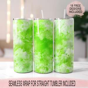 Peut inclure: Trois gobelets en acier inoxydable avec un motif aquarelle vert et blanc. Les gobelets sont tous de la même taille et ont un couvercle et une paille. 18 MODÈLES GRATUITS INCLUS.