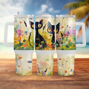 Gobelets pour boisson désaltérante, chats noirs et fleurs de 40 oz | Conception par sublimation | PNG | Téléchargement instantané | Usage commercial Inclus