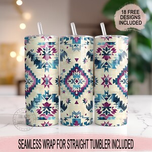 Papier d'emballage à motif aztèque du sud-ouest mauve et bleu pour gobelets skinny 20 oz | Conception par sublimation | Droite | PNG | Usage commercial Inclus