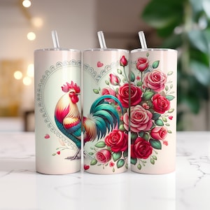 Involucro Heartful Rooster & Roses per bicchieri magri da 20 once / Design a sublimazione / Dritto / PNG / Download istantaneo / Uso commerciale incluso