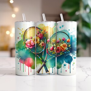 Blumen-Tennisschläger Aquarell Splash Wrap für 20 Unzen Skinny Tumbler | Sublimationsdesign | Gerade | PNG | Kommerzielle Nutzung inklusive