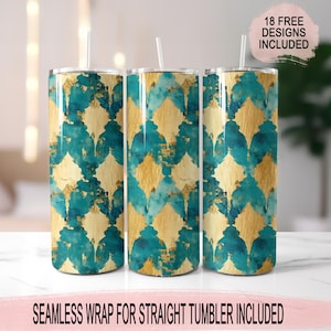Teal and Gold Diamond Pattern for 20oz Skinny Tumblers | Sublimation Design | Straight | PNG | Commercial use Included