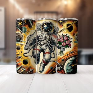 Ramo de astronauta - Envoltura de viaje cósmico para vasos delgados de 20 oz / Diseño de sublimación / Recto / PNG / Uso comercial incluido