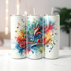 Envoltura con notas musicales de colores para vasos delgados de 20 oz / Diseño de sublimación / Recto / PNG / Uso comercial incluido