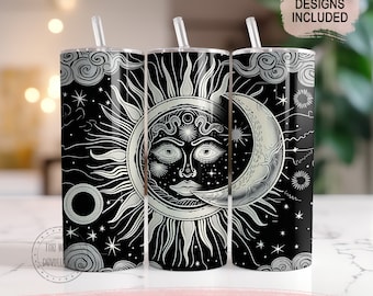 Puede incluir: Tres vasos de acero inoxidable con un diseño en blanco y negro de un sol y una luna con estrellas. El diseño es una ilustración de estilo vintage. Los vasos tienen tapas y pajitas. 18 DISEÑOS GRATIS INCLUIDOS.