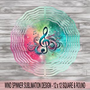 Molinillo de viento con notas musicales en rosa y verde azulado / Diseño de sublimación / 10 y 8 pulgadas / PNG / Descarga digital instantánea / Uso comercial incluido